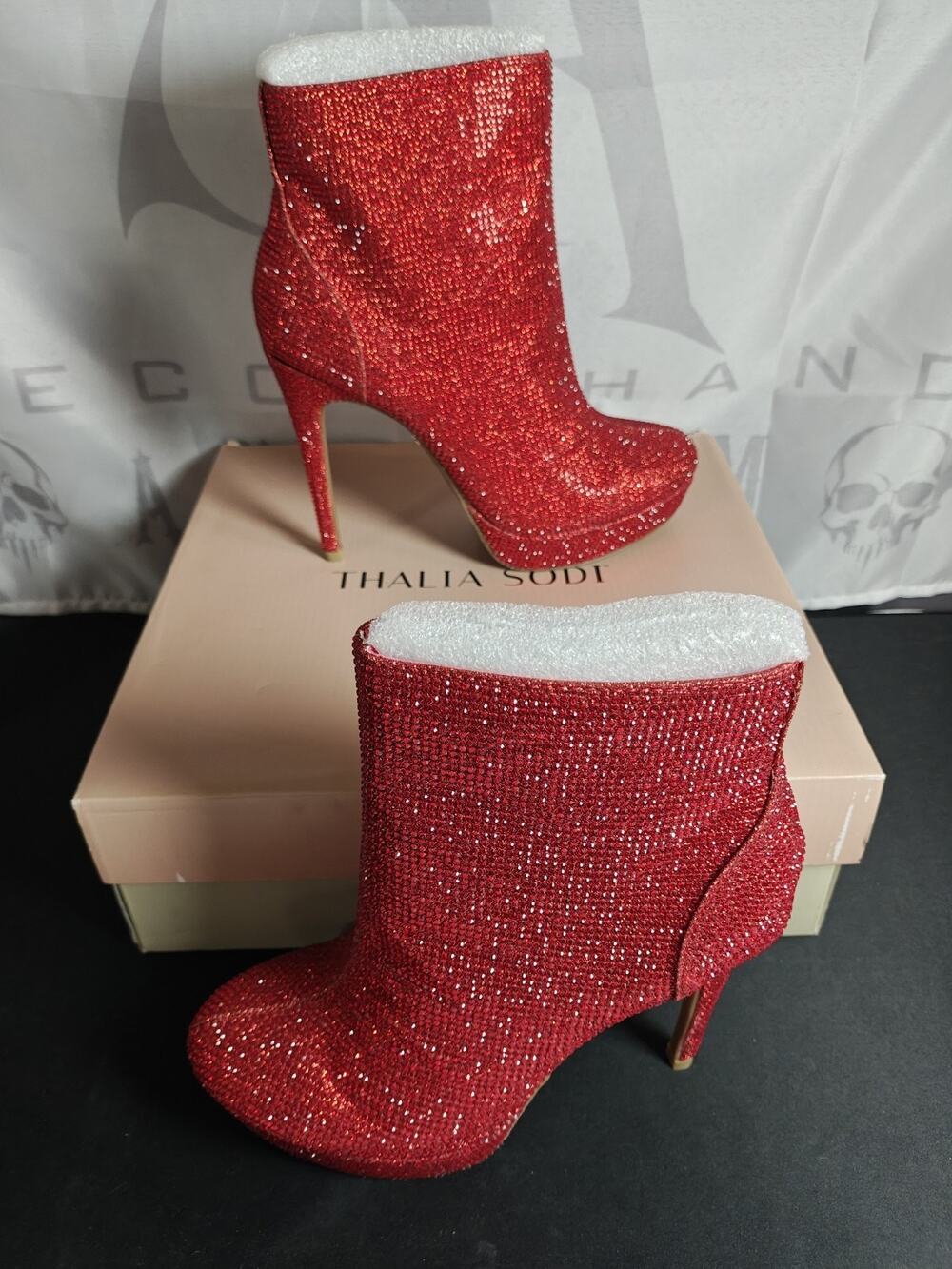 Thalia Sodi Womens 7 Chiara Platform Dress Booties Red Lurex Rhinestone NWB $130